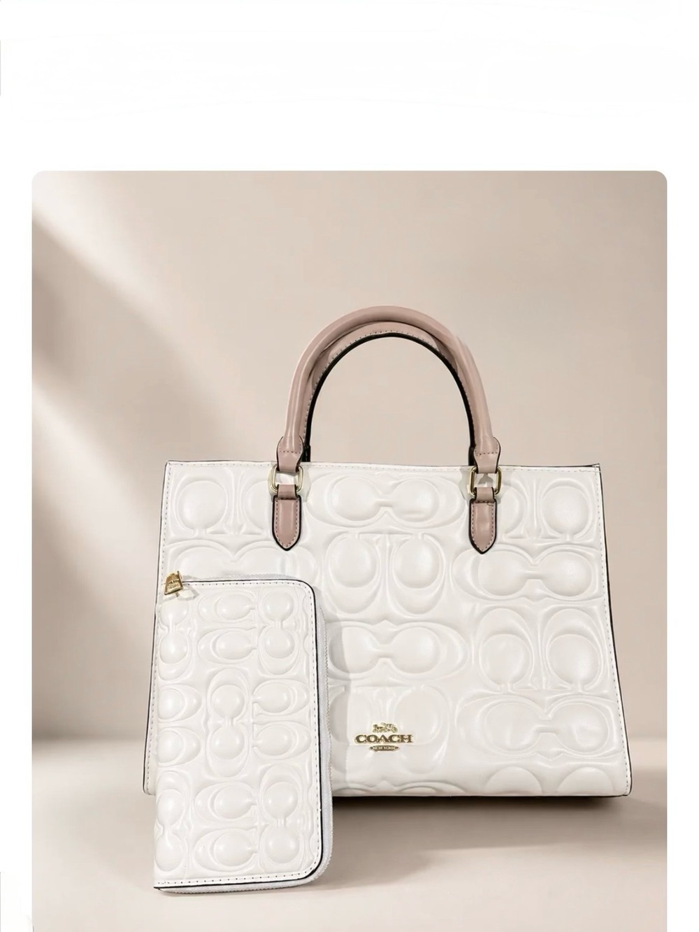 Coach White Signature Patent Leather Tote with Pink Handles New